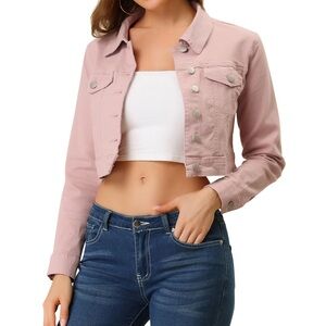 NWT Allegra K Women’s Cropped Denim Jacket Medium Pink Button Down‎